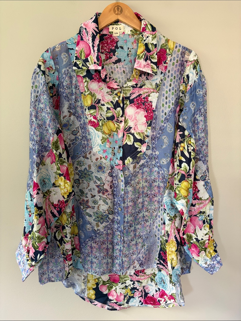 POL Boho Patchwork Floral Button Down Shirt Oversized Blue Pink Yellow S/M